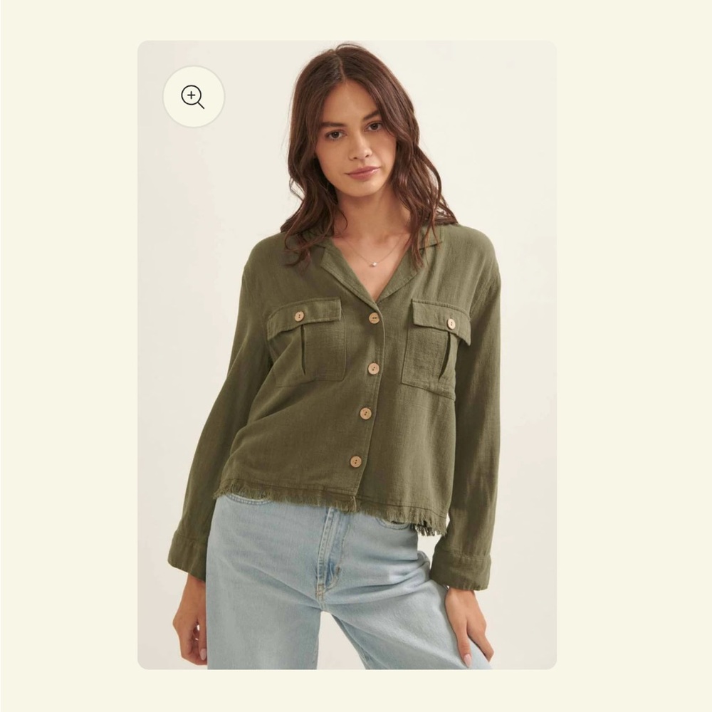 PROMESA | Linen-Blend Buttoned Raw-Edge Pocket Shacket | SIZE SMALL